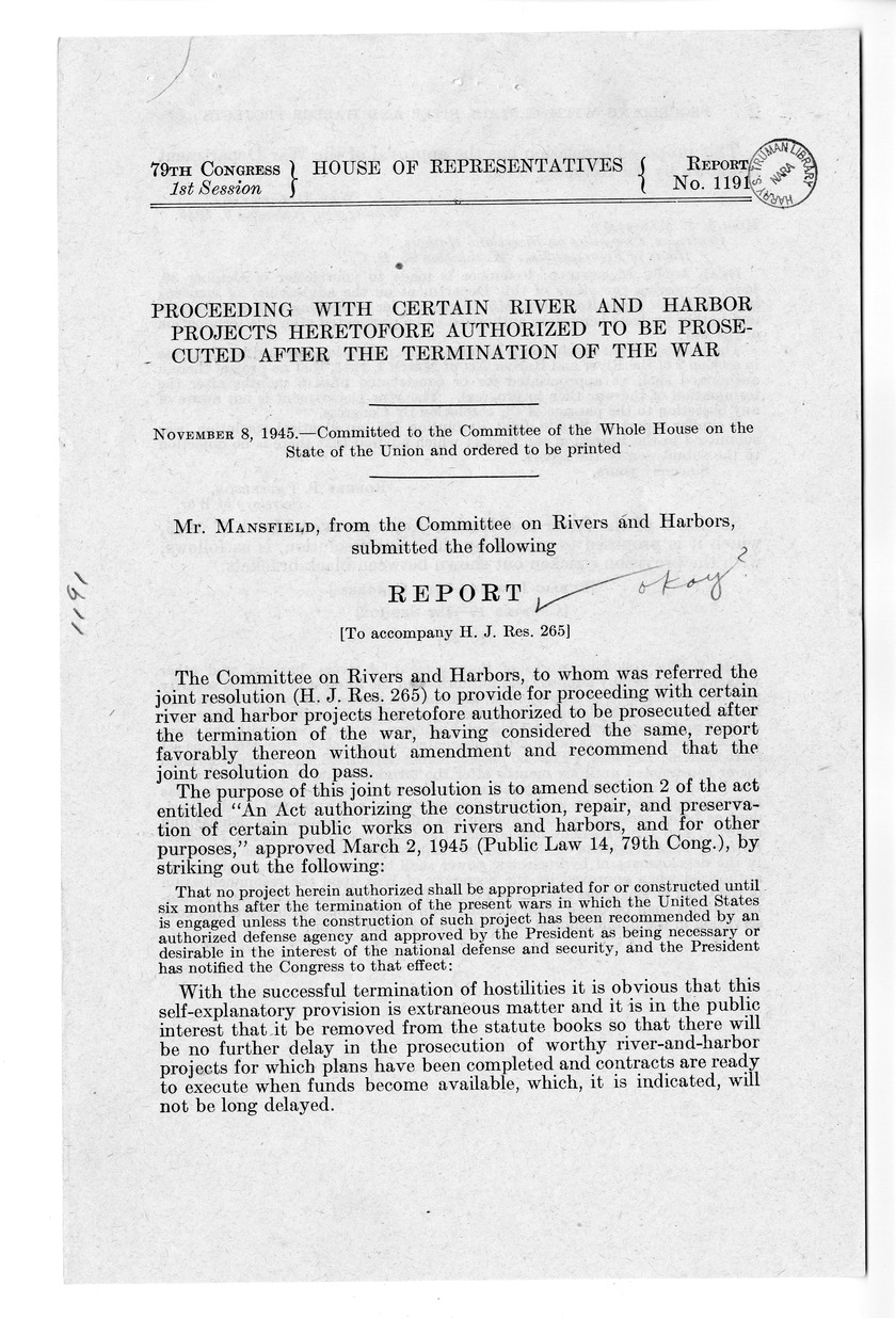 Memorandum from Harold D. Smith to M. C. Latta, S. J. Res. 105, To Provide for Proceeding With Certain Rivers and Harbors Projects Heretofore Authorized to be Prosecuted After Termination of the War, with Attachments