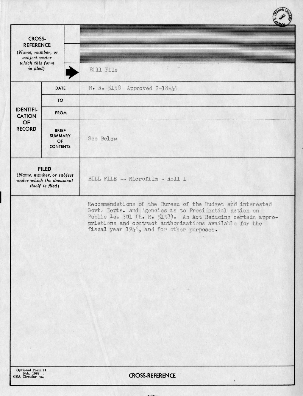 Memorandum from Harold D. Smith to M. C. Latta, S. J. Res. 105, To Provide for Proceeding With Certain Rivers and Harbors Projects Heretofore Authorized to be Prosecuted After Termination of the War, with Attachments