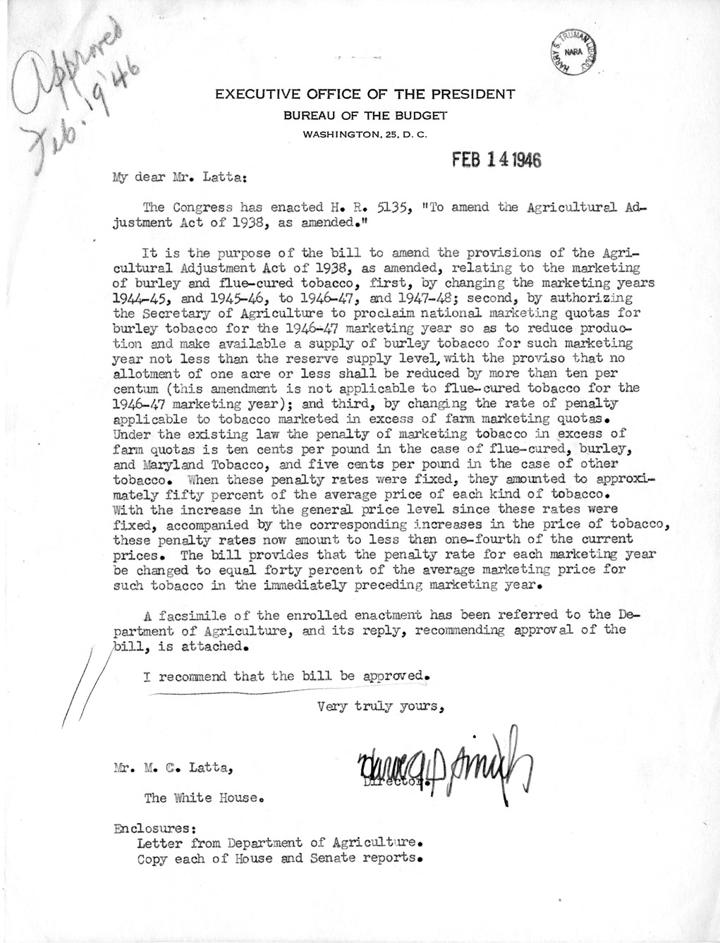 Memorandum from Harold D. Smith to M. C. Latta, H. R. 5135, To Amend the Agricultural Adjustment Act of 1938, as Amended, with Attachments