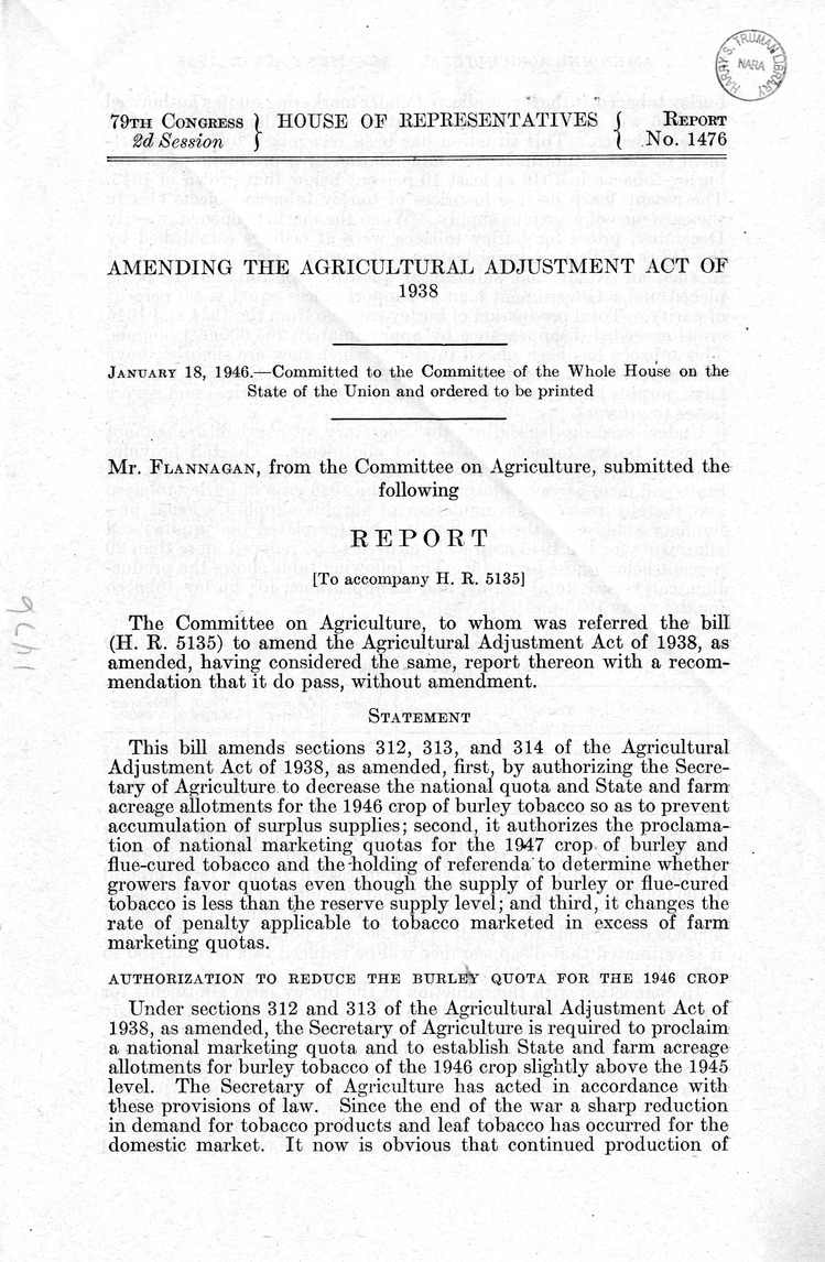 Memorandum from Harold D. Smith to M. C. Latta, H. R. 5135, To Amend the Agricultural Adjustment Act of 1938, as Amended, with Attachments
