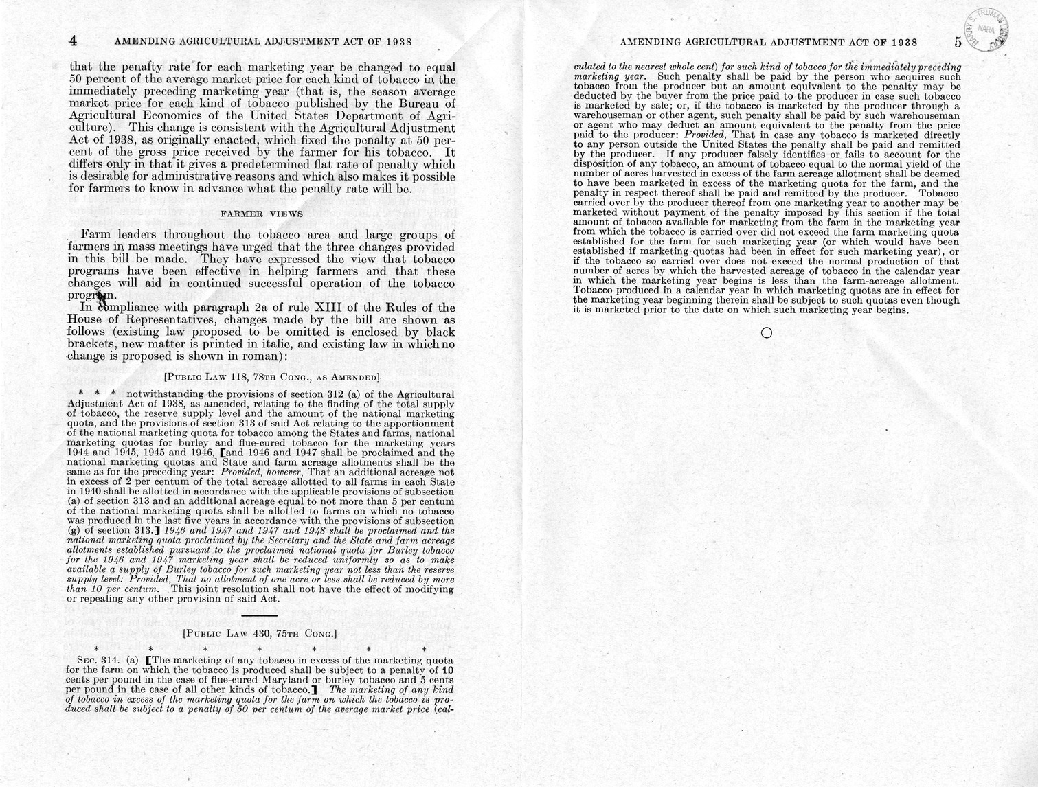 Memorandum from Harold D. Smith to M. C. Latta, H. R. 5135, To Amend the Agricultural Adjustment Act of 1938, as Amended, with Attachments