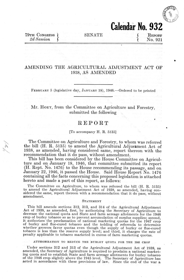 Memorandum from Harold D. Smith to M. C. Latta, H. R. 5135, To Amend the Agricultural Adjustment Act of 1938, as Amended, with Attachments