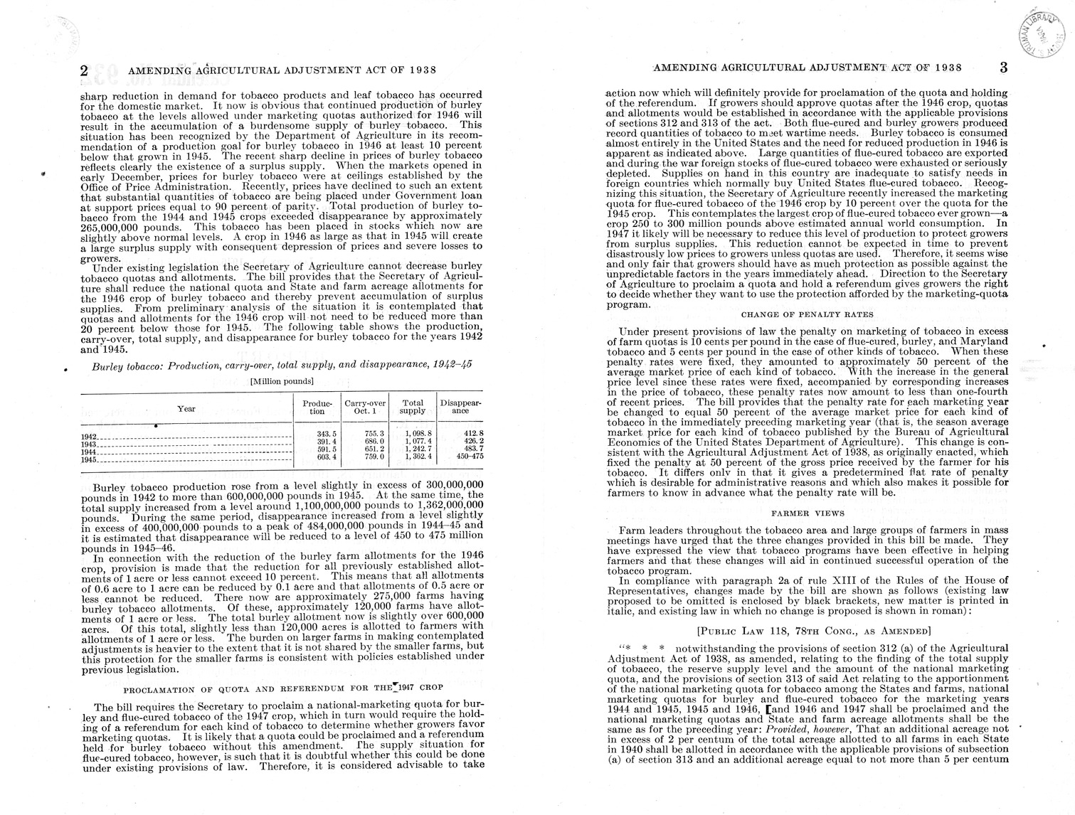 Memorandum from Harold D. Smith to M. C. Latta, H. R. 5135, To Amend the Agricultural Adjustment Act of 1938, as Amended, with Attachments