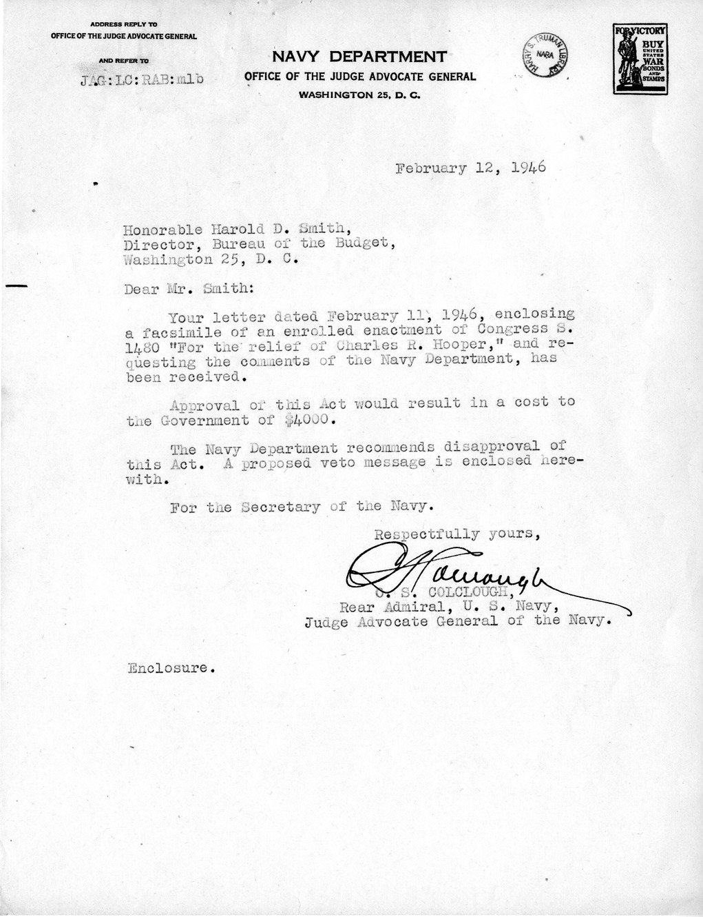 Memorandum from O. S. Colclough to Harold D. Smith