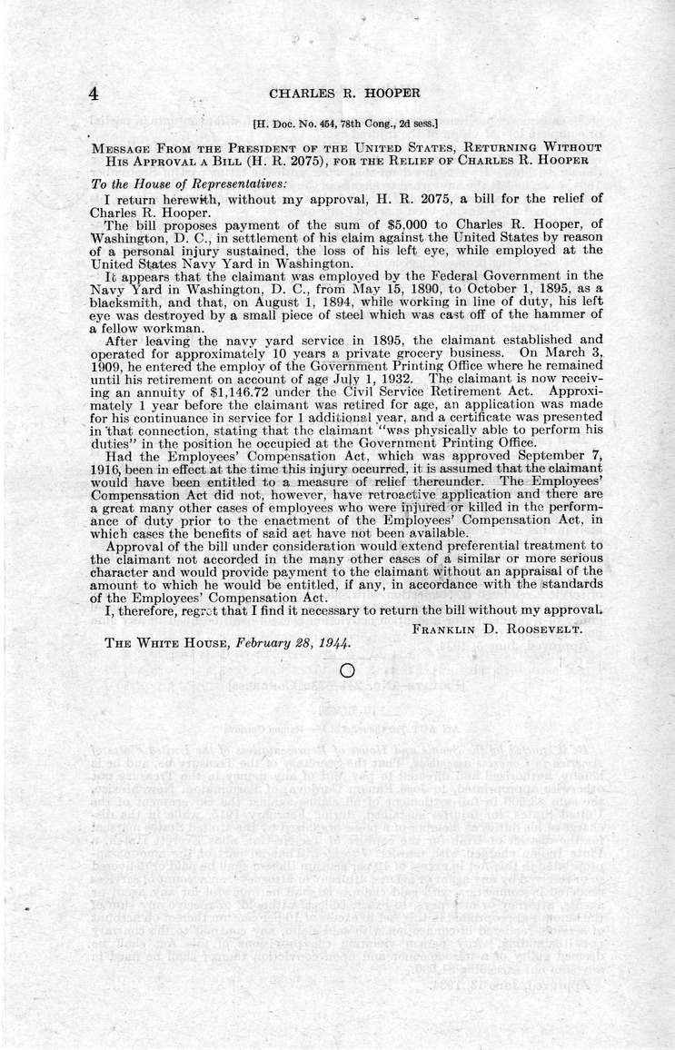 Memorandum from Harold D. Smith to M. C. Latta, S. 1480, For the Relief of Charles R. Hooper, with Attachments