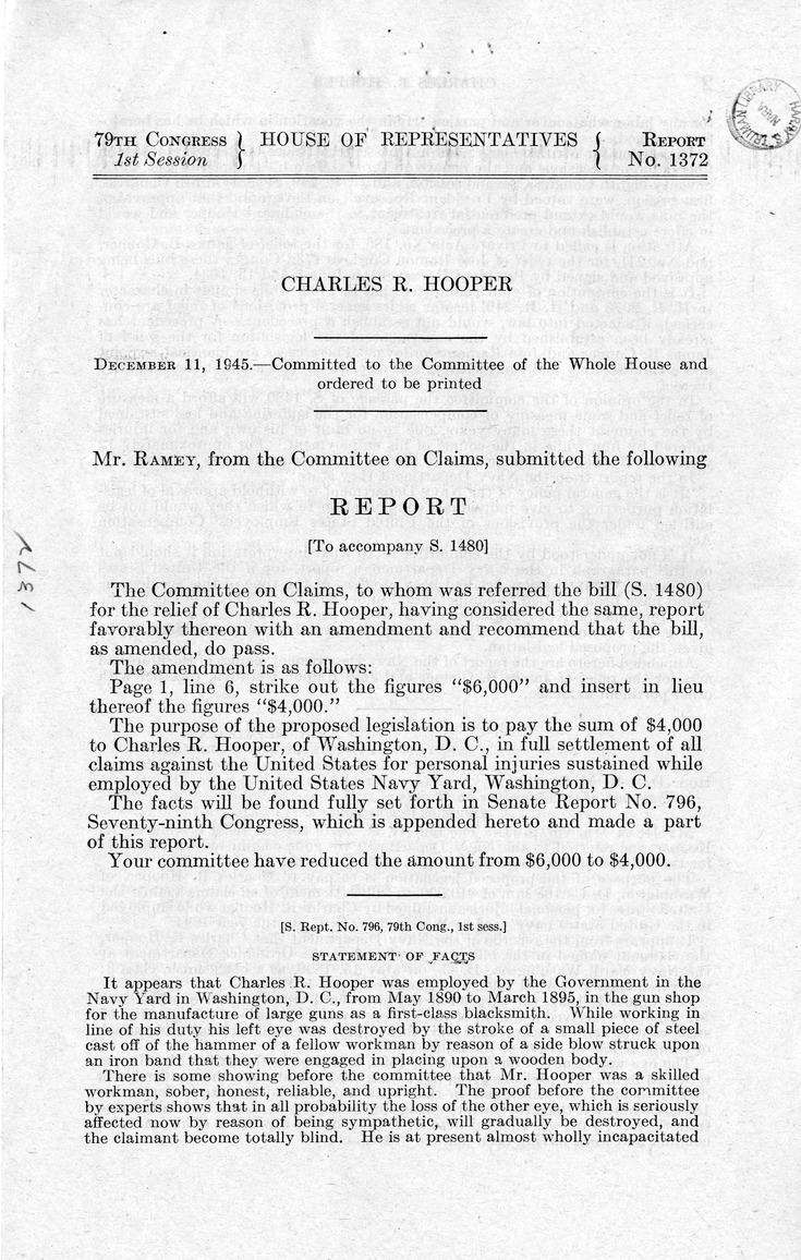 Memorandum from Harold D. Smith to M. C. Latta, S. 1480, For the Relief of Charles R. Hooper, with Attachments