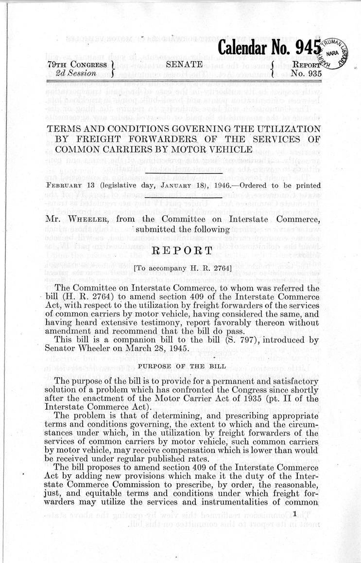 Memorandum from Harold D. Smith to M. C. Latta, H. R. 2764, To Amend Section 409 of the Interstate Commerce Act, With Respect to the Utilization by Freight Forwarders of the Services of Common Carriers by Motor Vehicle, with Attachments