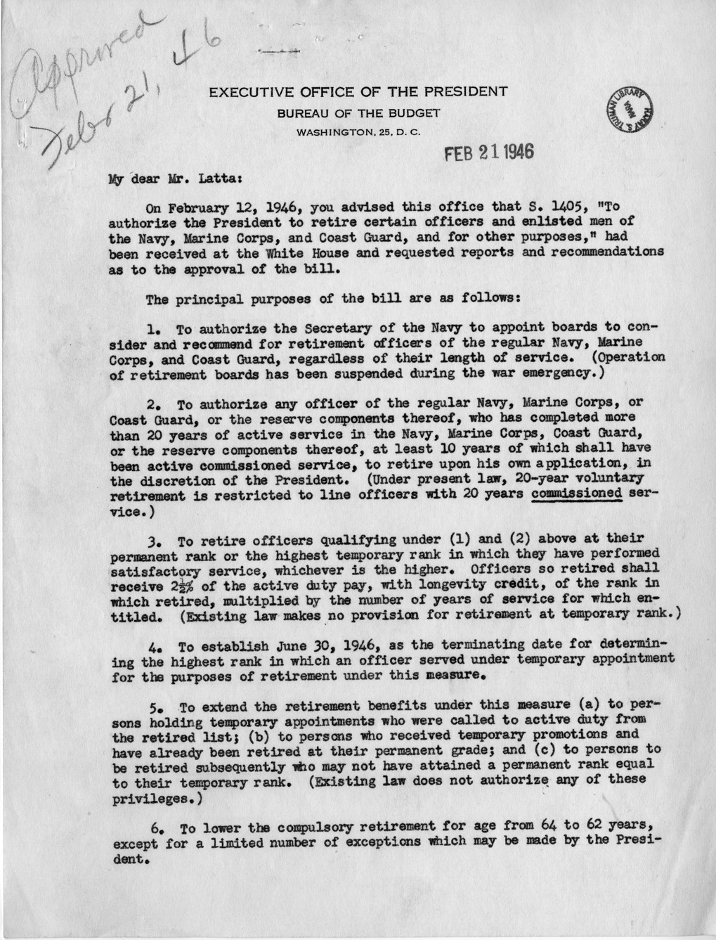 Memorandum from Harold D. Smith to M. C. Latta, S. 1405, To Authorize the President to Retire Certain Officers and Enlisted Men of the Navy, Marine Corps, and Coast Guard, with Attachments