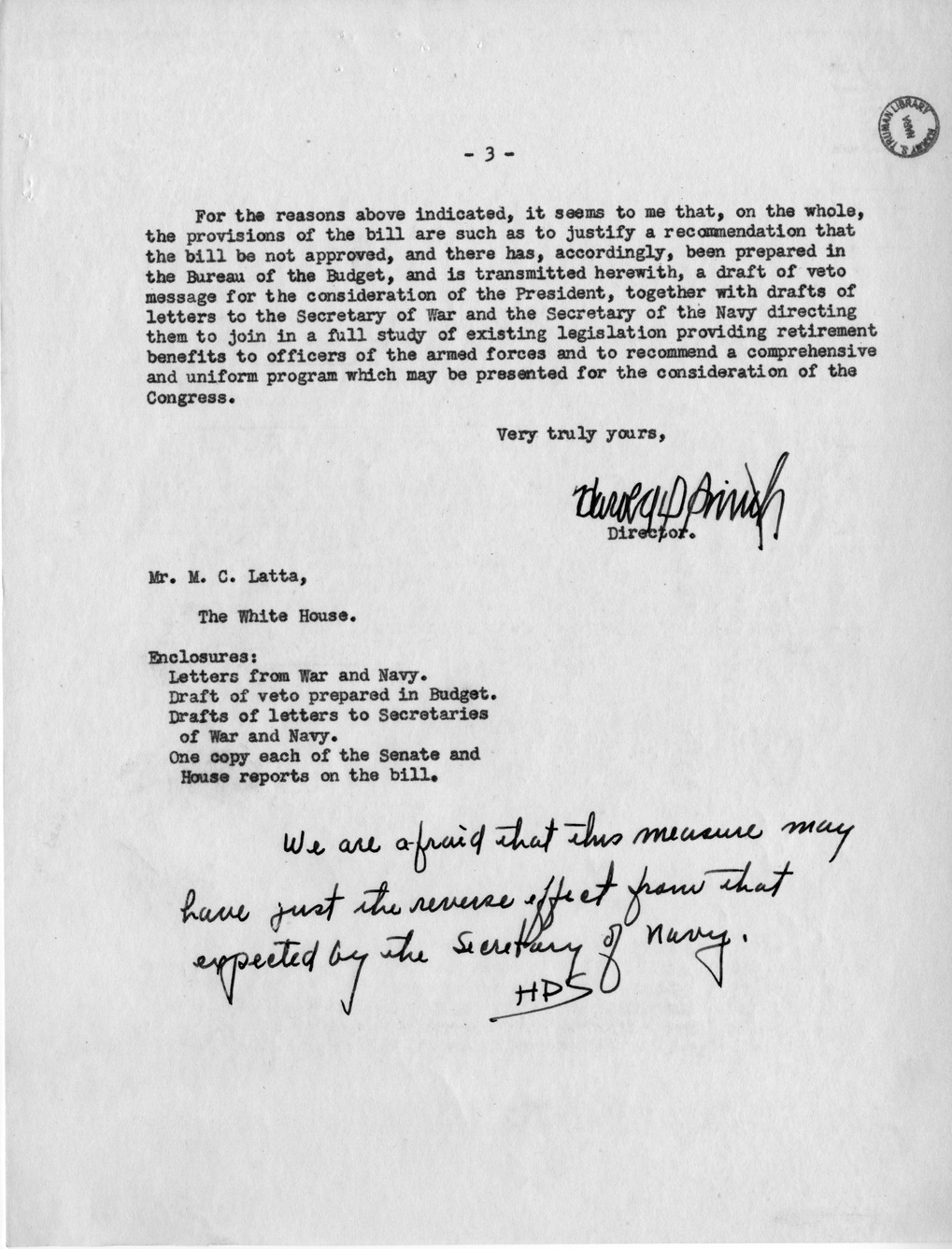Memorandum from Harold D. Smith to M. C. Latta, S. 1405, To Authorize the President to Retire Certain Officers and Enlisted Men of the Navy, Marine Corps, and Coast Guard, with Attachments
