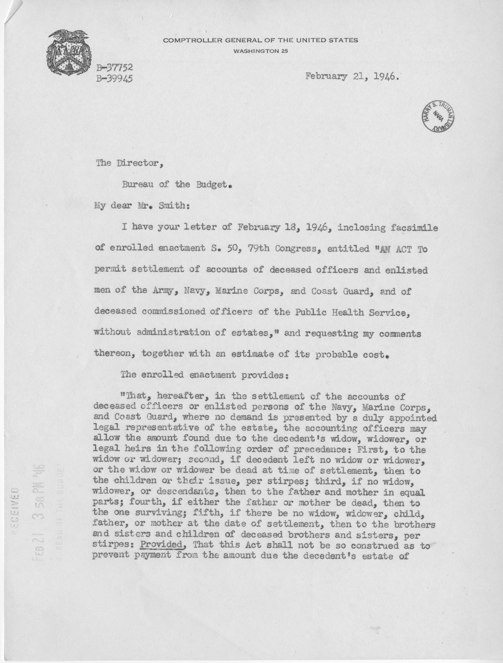 Memorandum from Paul H. Appleby to M. C. Latta, S. 50, To Permit Settlement of Accounts of Deceased Officers and Enlisted Men of the Army, Navy, Marine Corps, and Coast Guard, and of Deceased Commissioned Officers of the Public Health Service, Without Administration of Estates, with Attachments