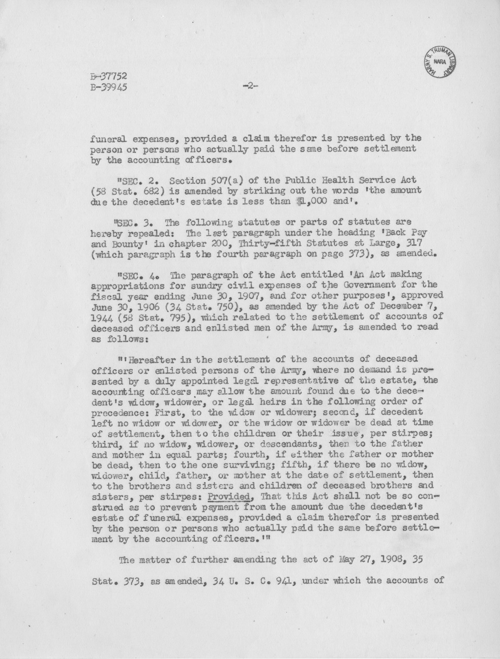 Memorandum from Paul H. Appleby to M. C. Latta, S. 50, To Permit Settlement of Accounts of Deceased Officers and Enlisted Men of the Army, Navy, Marine Corps, and Coast Guard, and of Deceased Commissioned Officers of the Public Health Service, Without Administration of Estates, with Attachments