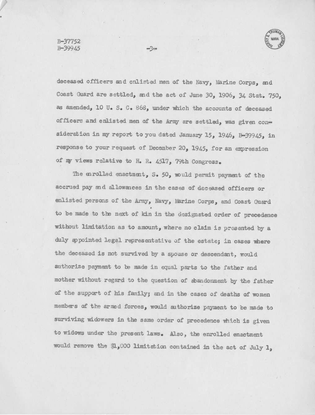 Memorandum from Paul H. Appleby to M. C. Latta, S. 50, To Permit Settlement of Accounts of Deceased Officers and Enlisted Men of the Army, Navy, Marine Corps, and Coast Guard, and of Deceased Commissioned Officers of the Public Health Service, Without Administration of Estates, with Attachments