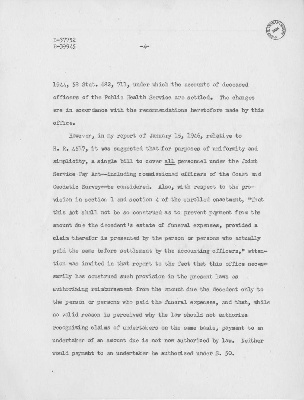 Memorandum from Paul H. Appleby to M. C. Latta, S. 50, To Permit Settlement of Accounts of Deceased Officers and Enlisted Men of the Army, Navy, Marine Corps, and Coast Guard, and of Deceased Commissioned Officers of the Public Health Service, Without Administration of Estates, with Attachments