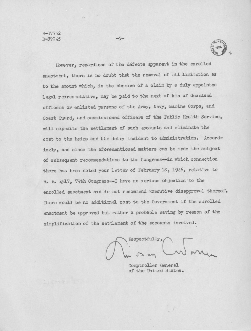 Memorandum from Paul H. Appleby to M. C. Latta, S. 50, To Permit Settlement of Accounts of Deceased Officers and Enlisted Men of the Army, Navy, Marine Corps, and Coast Guard, and of Deceased Commissioned Officers of the Public Health Service, Without Administration of Estates, with Attachments