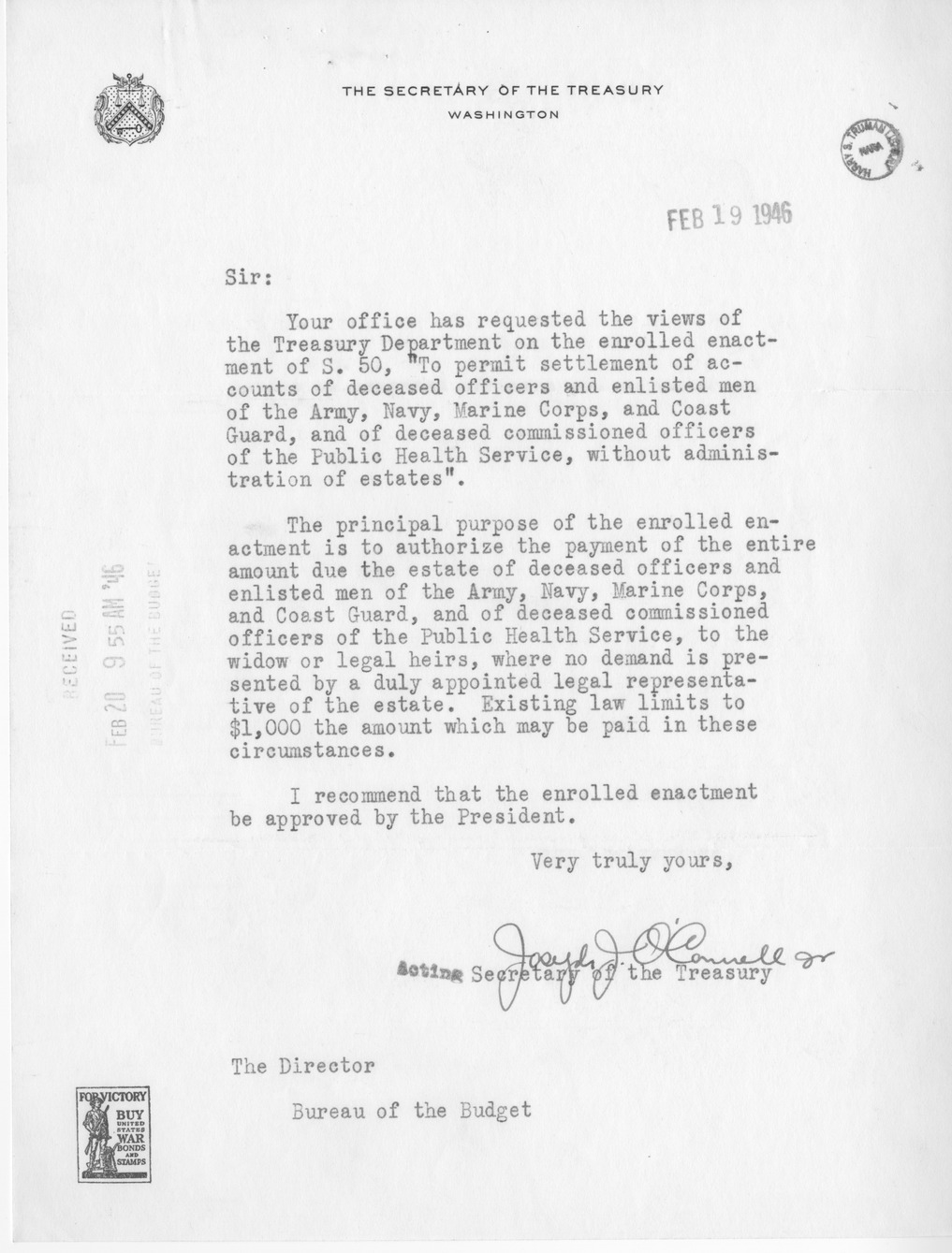 Memorandum from Paul H. Appleby to M. C. Latta, S. 50, To Permit Settlement of Accounts of Deceased Officers and Enlisted Men of the Army, Navy, Marine Corps, and Coast Guard, and of Deceased Commissioned Officers of the Public Health Service, Without Administration of Estates, with Attachments