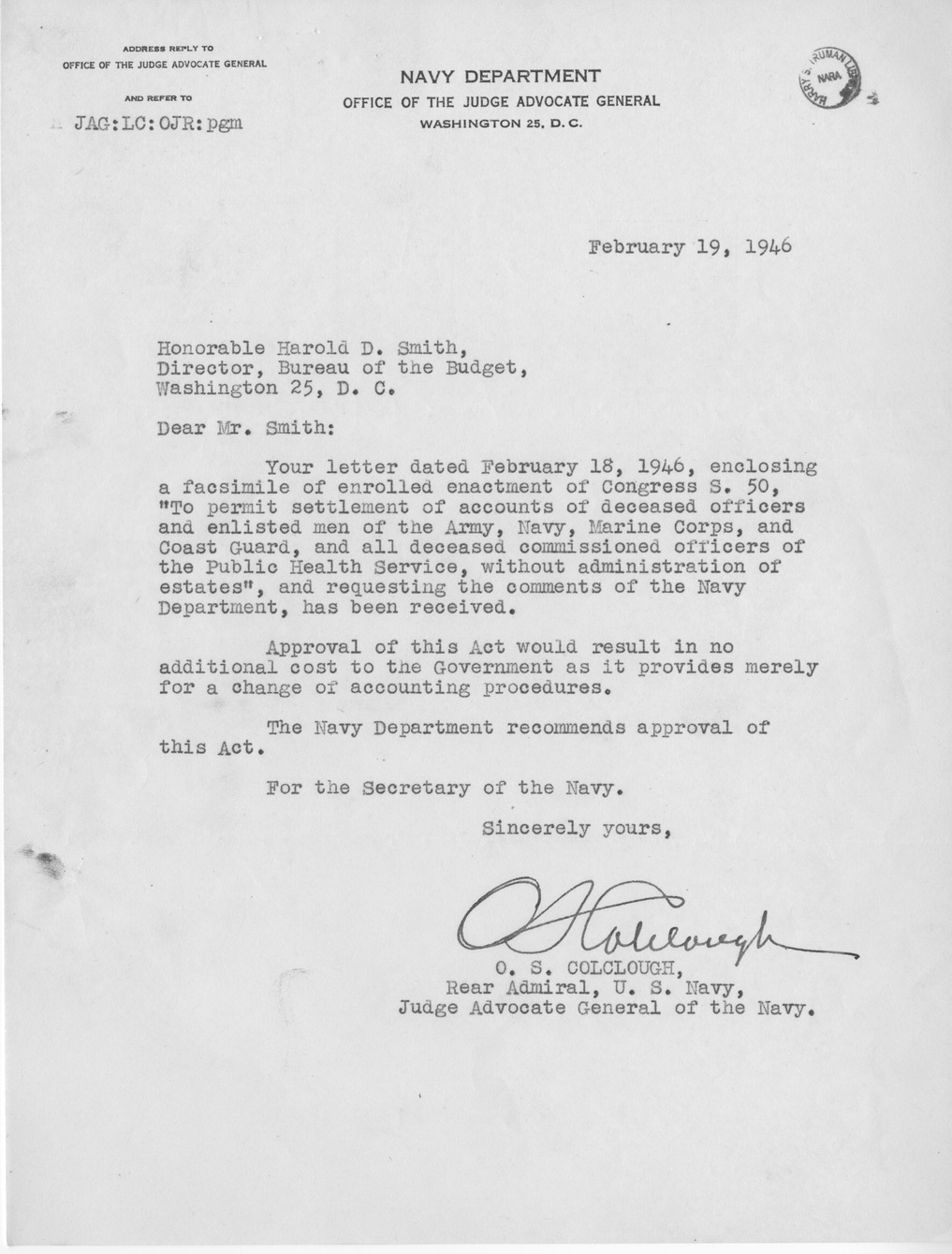 Memorandum from Paul H. Appleby to M. C. Latta, S. 50, To Permit Settlement of Accounts of Deceased Officers and Enlisted Men of the Army, Navy, Marine Corps, and Coast Guard, and of Deceased Commissioned Officers of the Public Health Service, Without Administration of Estates, with Attachments