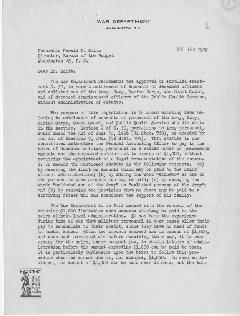 Memorandum from Paul H. Appleby to M. C. Latta, S. 50, To Permit Settlement of Accounts of Deceased Officers and Enlisted Men of the Army, Navy, Marine Corps, and Coast Guard, and of Deceased Commissioned Officers of the Public Health Service, Without Administration of Estates, with Attachments