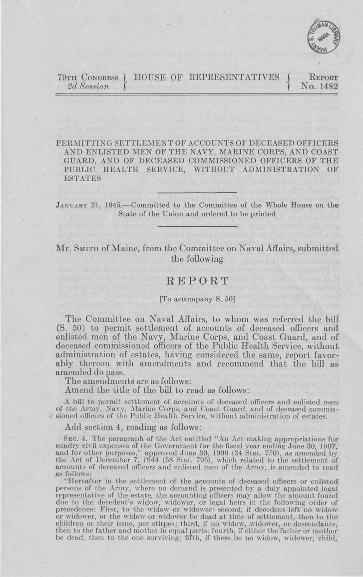 Memorandum from Paul H. Appleby to M. C. Latta, S. 50, To Permit Settlement of Accounts of Deceased Officers and Enlisted Men of the Army, Navy, Marine Corps, and Coast Guard, and of Deceased Commissioned Officers of the Public Health Service, Without Administration of Estates, with Attachments