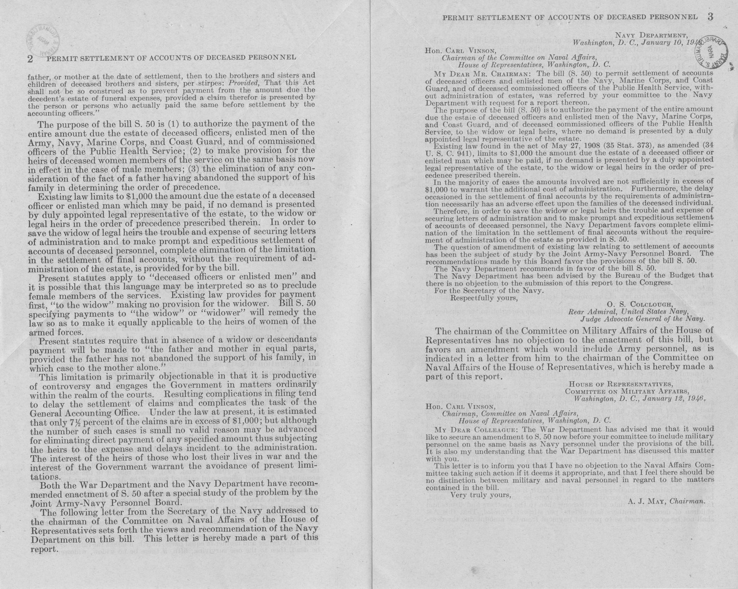 Memorandum from Paul H. Appleby to M. C. Latta, S. 50, To Permit Settlement of Accounts of Deceased Officers and Enlisted Men of the Army, Navy, Marine Corps, and Coast Guard, and of Deceased Commissioned Officers of the Public Health Service, Without Administration of Estates, with Attachments