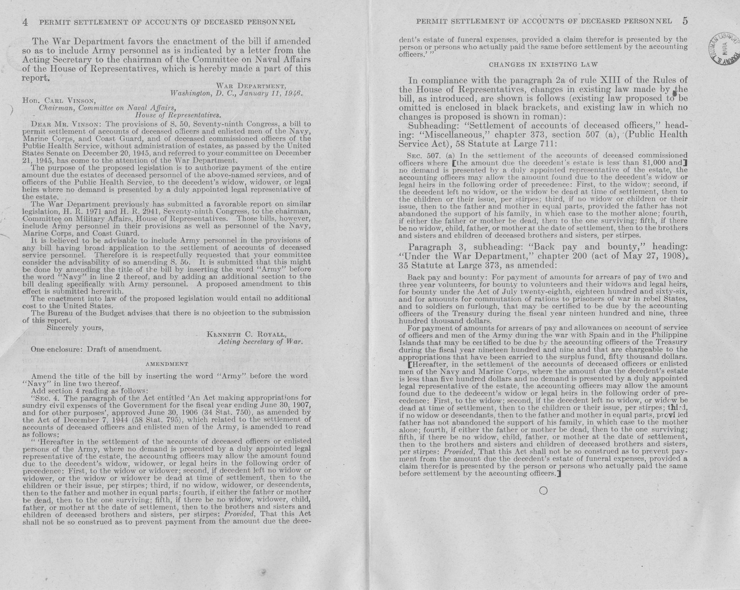 Memorandum from Paul H. Appleby to M. C. Latta, S. 50, To Permit Settlement of Accounts of Deceased Officers and Enlisted Men of the Army, Navy, Marine Corps, and Coast Guard, and of Deceased Commissioned Officers of the Public Health Service, Without Administration of Estates, with Attachments