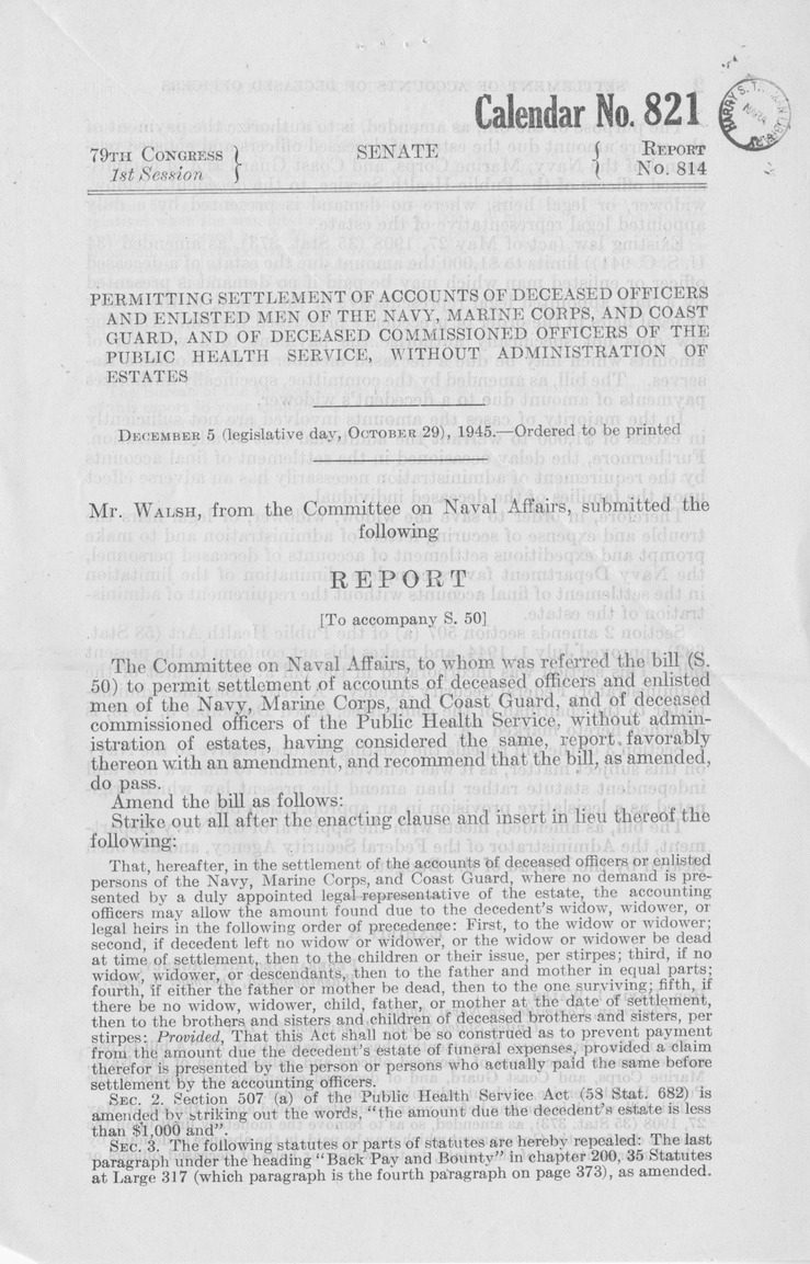 Memorandum from Paul H. Appleby to M. C. Latta, S. 50, To Permit Settlement of Accounts of Deceased Officers and Enlisted Men of the Army, Navy, Marine Corps, and Coast Guard, and of Deceased Commissioned Officers of the Public Health Service, Without Administration of Estates, with Attachments