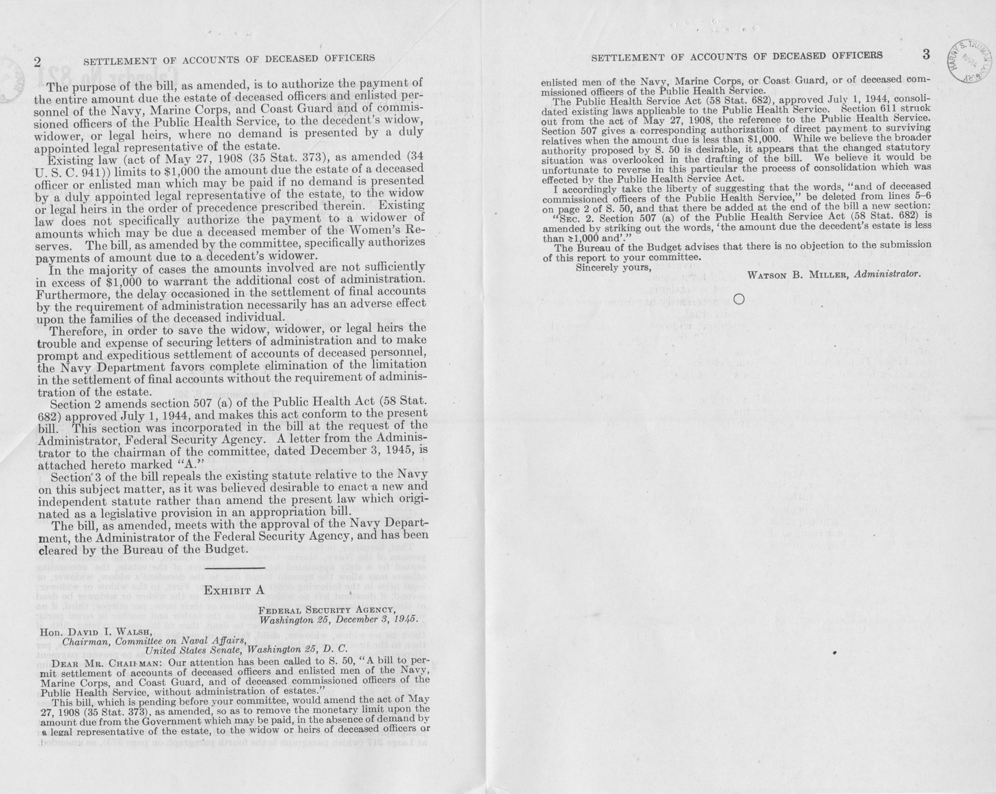 Memorandum from Paul H. Appleby to M. C. Latta, S. 50, To Permit Settlement of Accounts of Deceased Officers and Enlisted Men of the Army, Navy, Marine Corps, and Coast Guard, and of Deceased Commissioned Officers of the Public Health Service, Without Administration of Estates, with Attachments