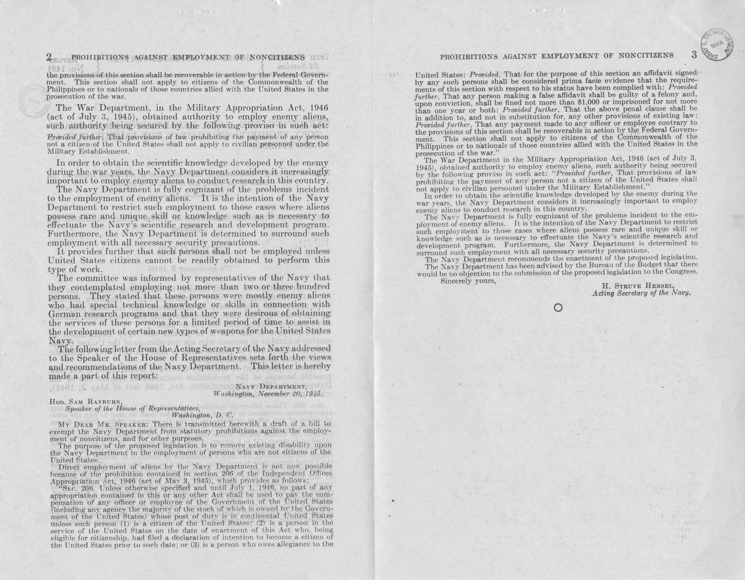 Memorandum from Paul H. Appleby to M. C. Latta, S. 1618, To Exempt the Navy Department From Statutory Prohibitions Against the Employment of Non-Citizens, with Attachments