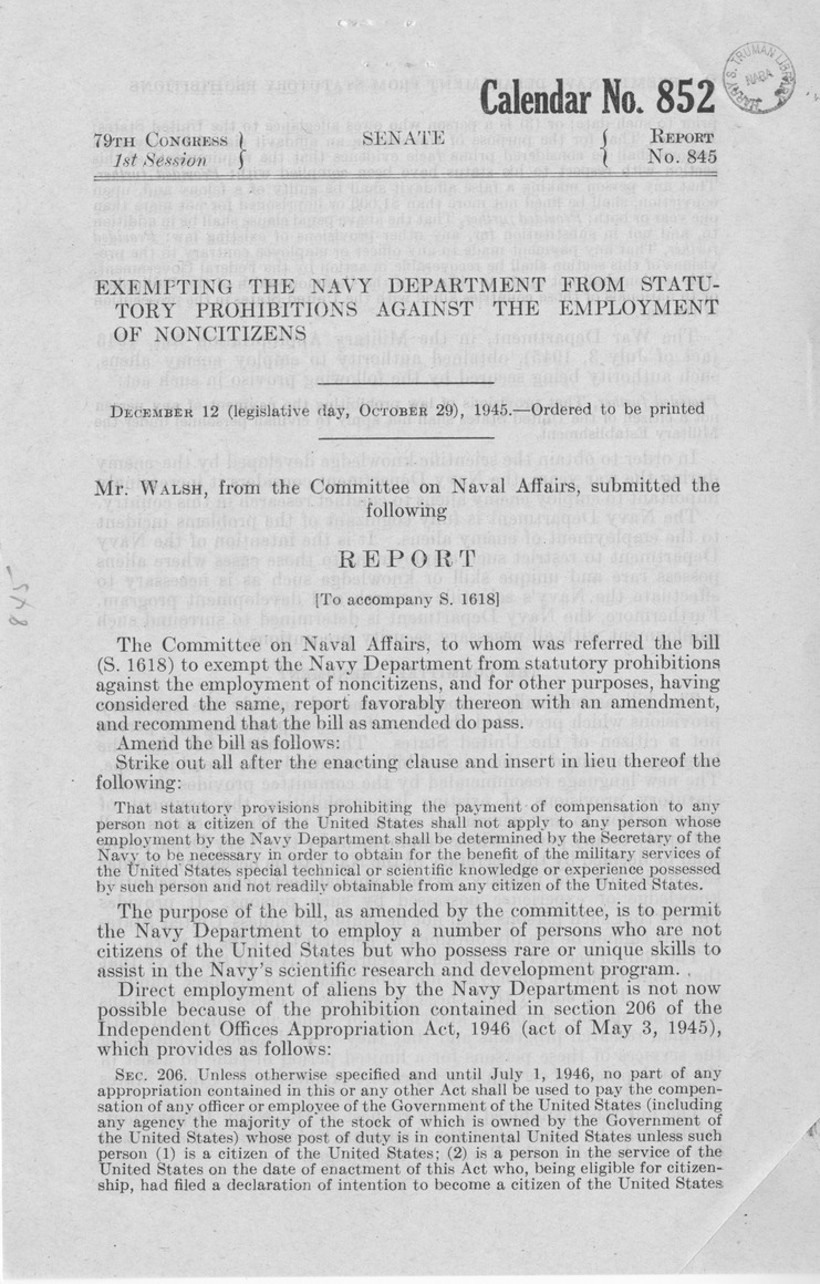 Memorandum from Paul H. Appleby to M. C. Latta, S. 1618, To Exempt the Navy Department From Statutory Prohibitions Against the Employment of Non-Citizens, with Attachments