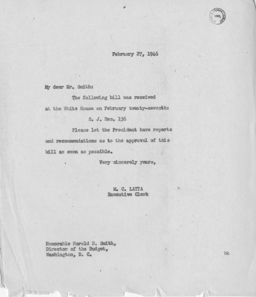 Memorandum from M.C. Latta to Harold D. Smith