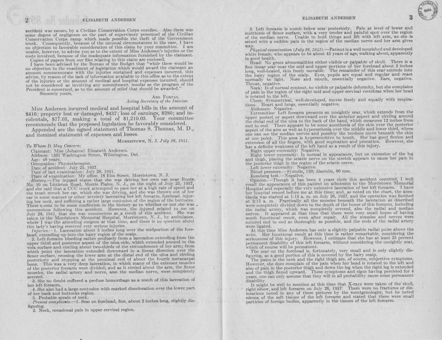 Memorandum from Frederick J. Bailey to M. C. Latta, S. 400, For the Relief of Elisabeth Anderson, with Attachments