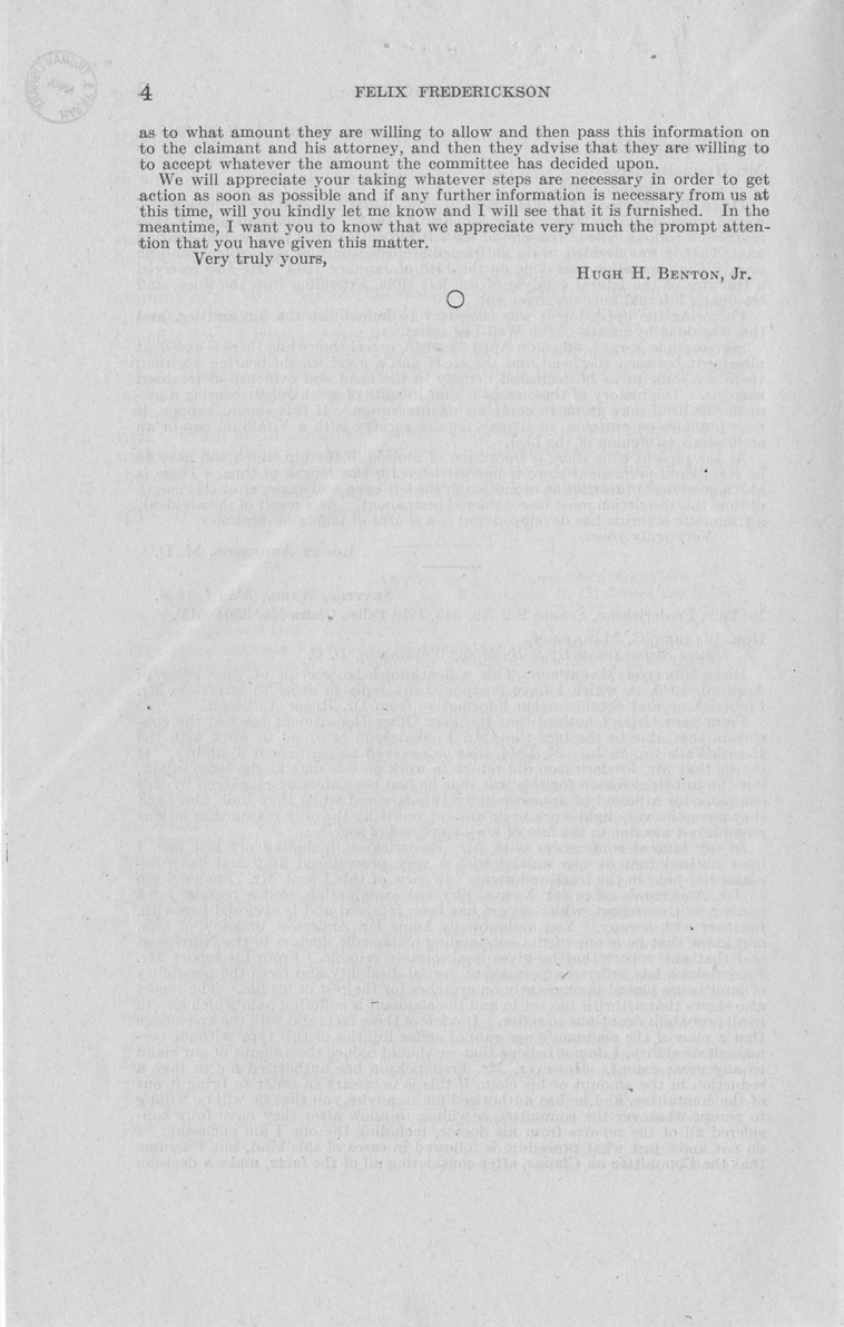 Memorandum from Frederick J. Bailey to M. C. Latta, S. 543, For the Relief of Felix Frederickson, with Attachments