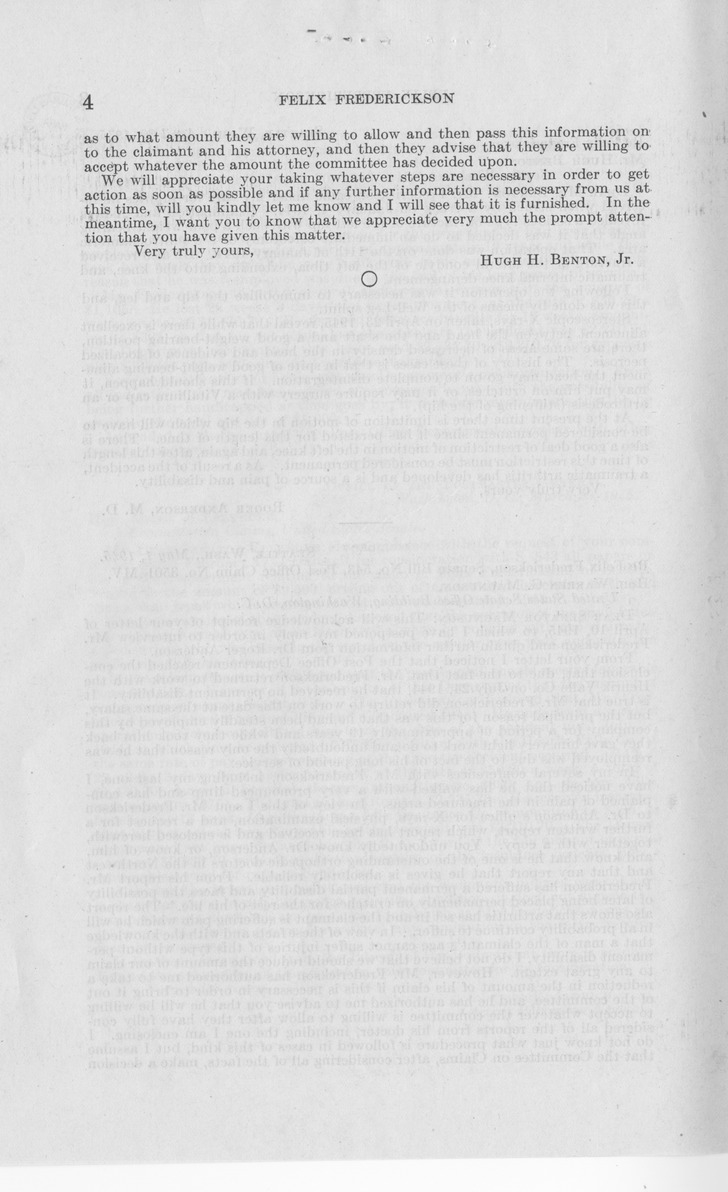 Memorandum from Frederick J. Bailey to M. C. Latta, S. 543, For the Relief of Felix Frederickson, with Attachments