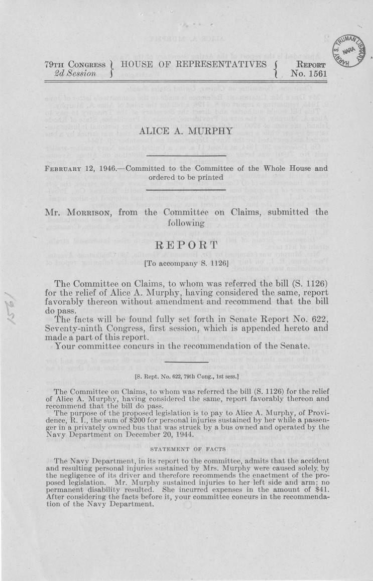 Memorandum from Frederick J. Bailey to M. C. Latta, S. 1126, For the Relief of Alice A. Murphy, with Attachments