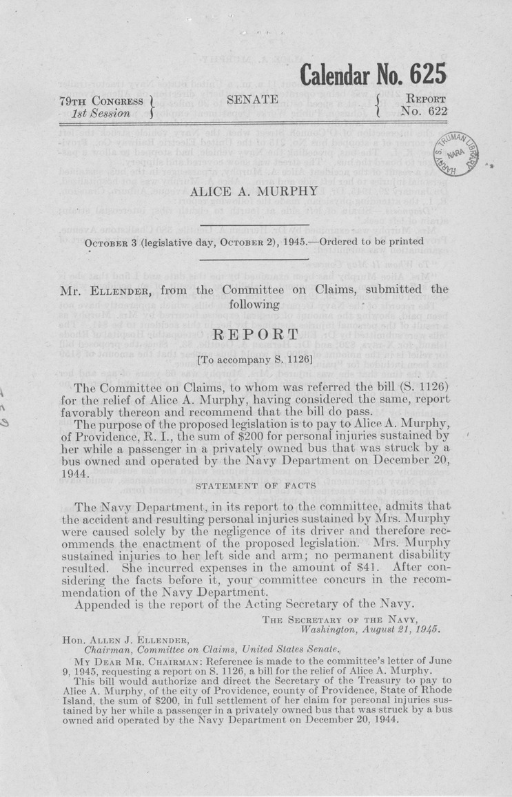 Memorandum from Frederick J. Bailey to M. C. Latta, S. 1126, For the Relief of Alice A. Murphy, with Attachments