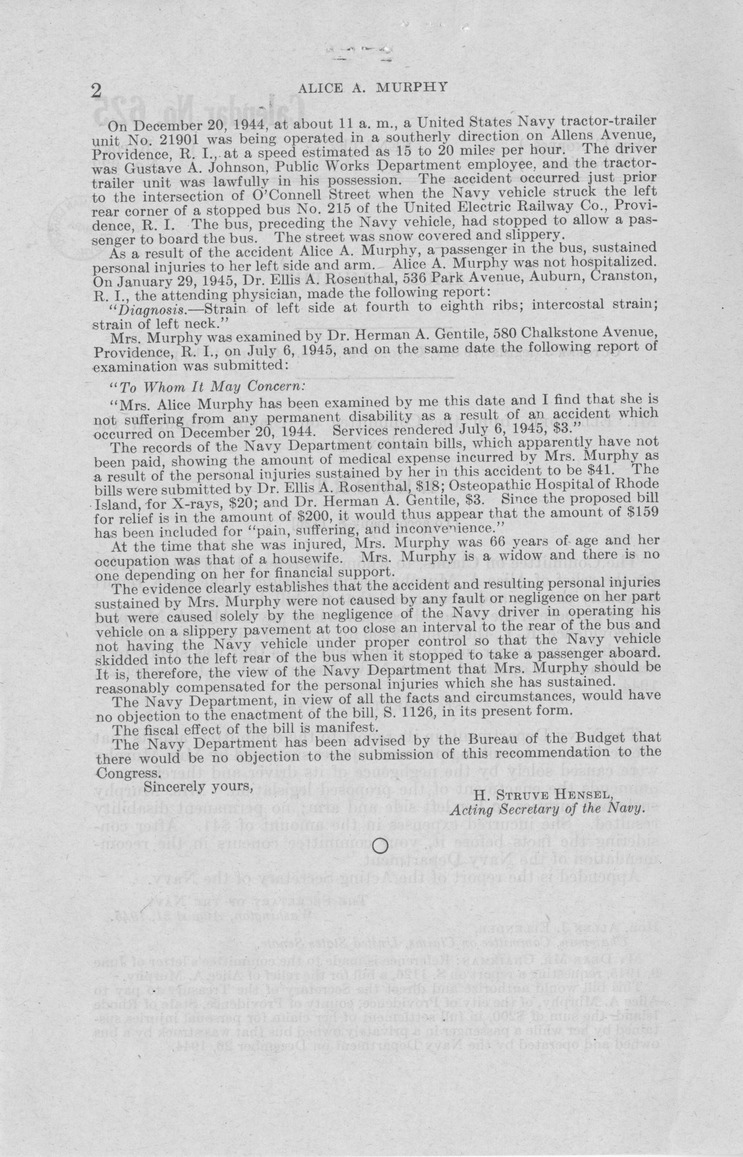Memorandum from Frederick J. Bailey to M. C. Latta, S. 1126, For the Relief of Alice A. Murphy, with Attachments