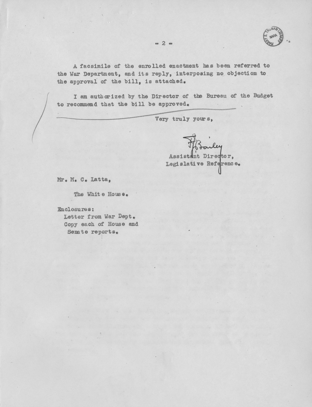 Memorandum from Frederick J. Bailey to M. C. Latta, S. 683, For the Relief of Mrs. Marie Nepple, as Executrix of the Estate of Earl W. Nepple, Deceased, and Mrs. Marie Nepple, Individually, with Attachments