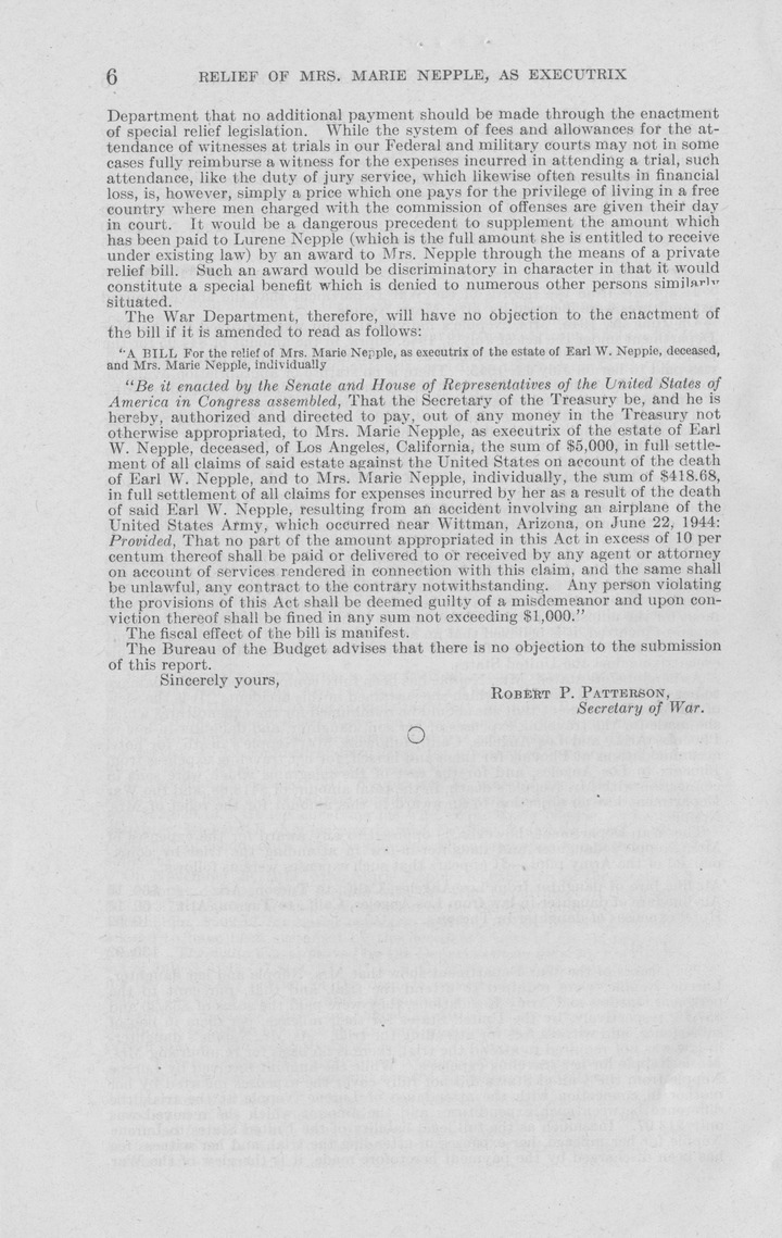 Memorandum from Frederick J. Bailey to M. C. Latta, S. 683, For the Relief of Mrs. Marie Nepple, as Executrix of the Estate of Earl W. Nepple, Deceased, and Mrs. Marie Nepple, Individually, with Attachments