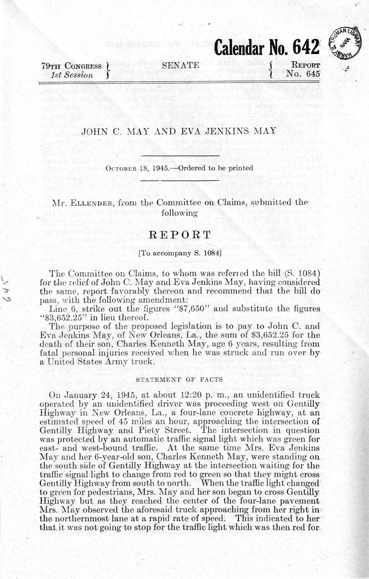 Memorandum from Frederick J. Bailey to M. C. Latta, S. 1084, For the Relief of John C. May and Eva Jenkins May, with Attachments