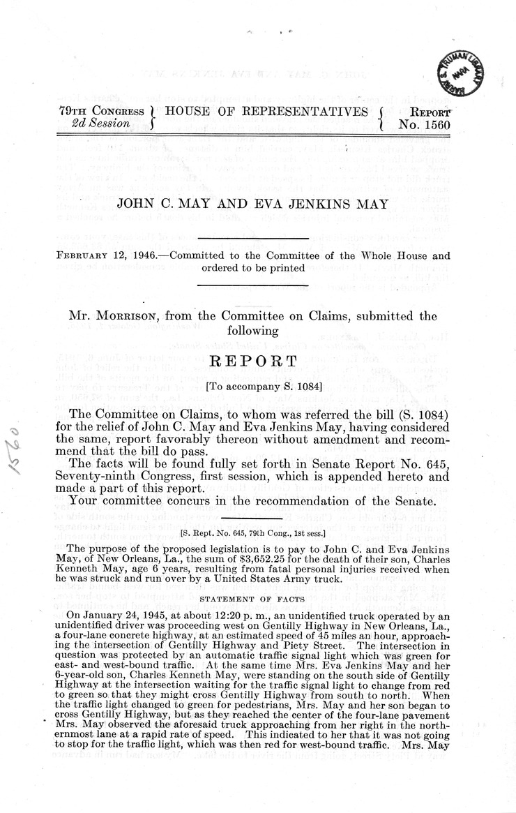 Memorandum from Frederick J. Bailey to M. C. Latta, S. 1084, For the Relief of John C. May and Eva Jenkins May, with Attachments