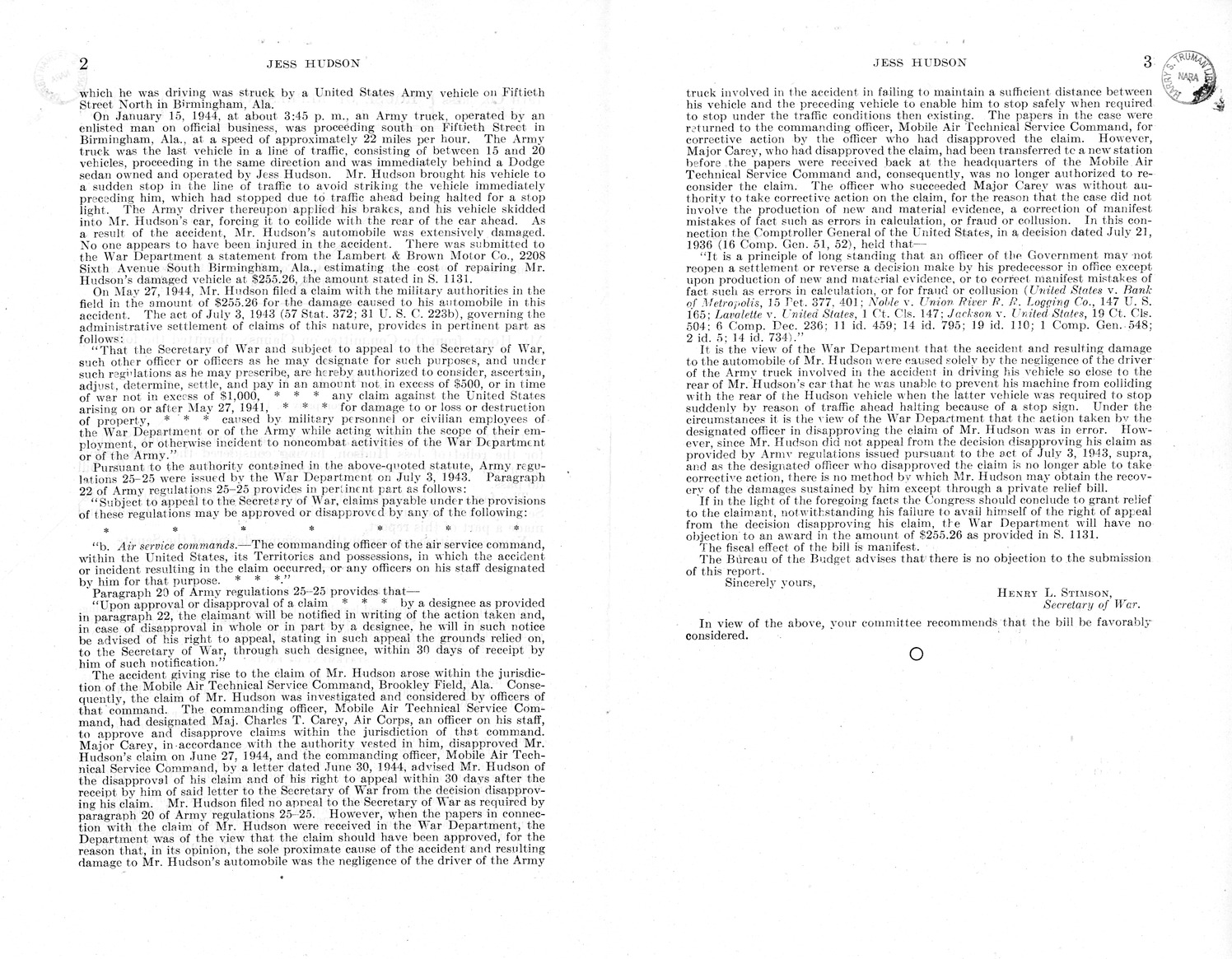 Memorandum from Frederick J. Bailey to M. C. Latta, S. 1131, For the Relief of Jess Hudson, with Attachments