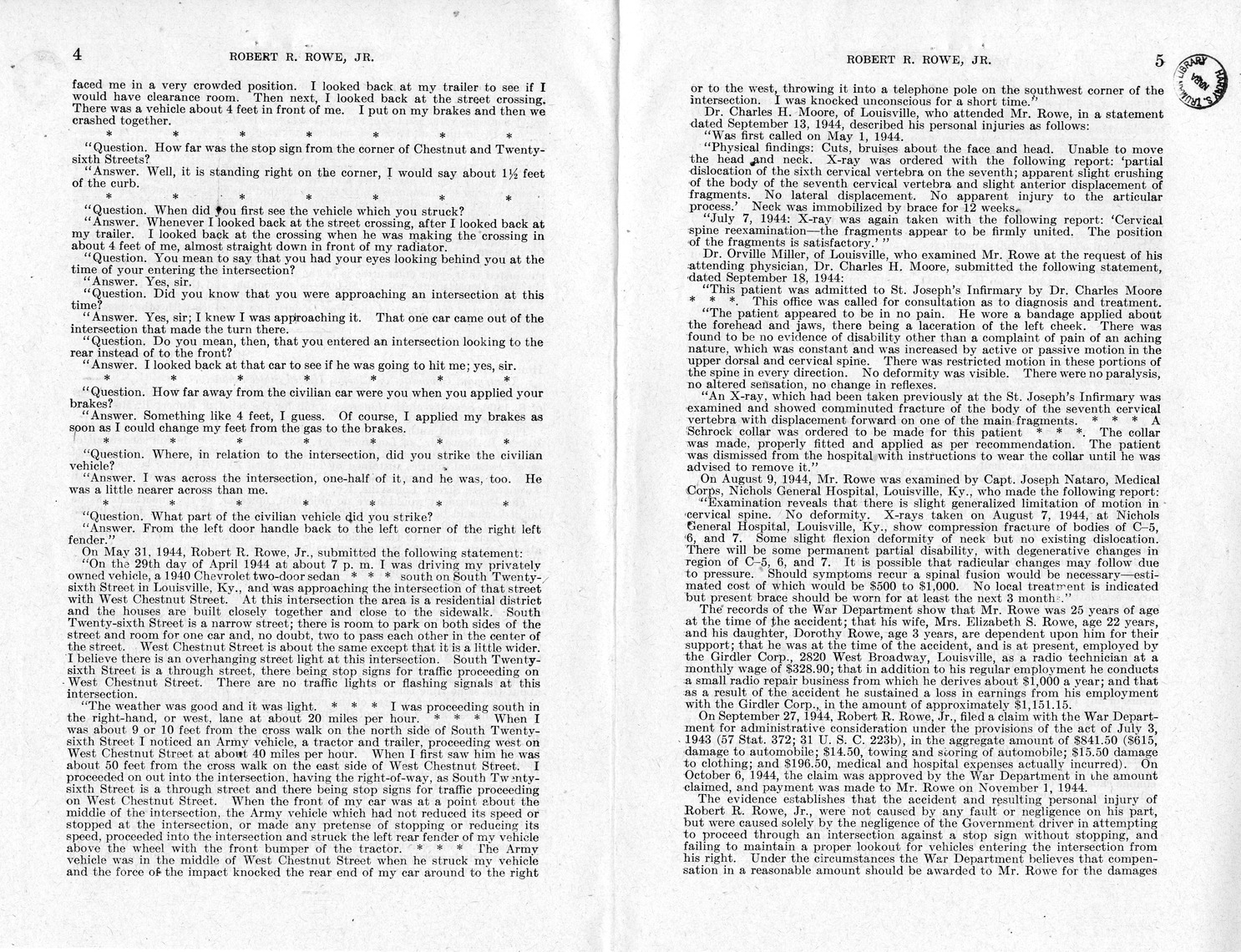 Memorandum from Frederick J. Bailey to M. C. Latta, S. 1400, For the Relief of Robert R. Rowe, Junior, with Attachments