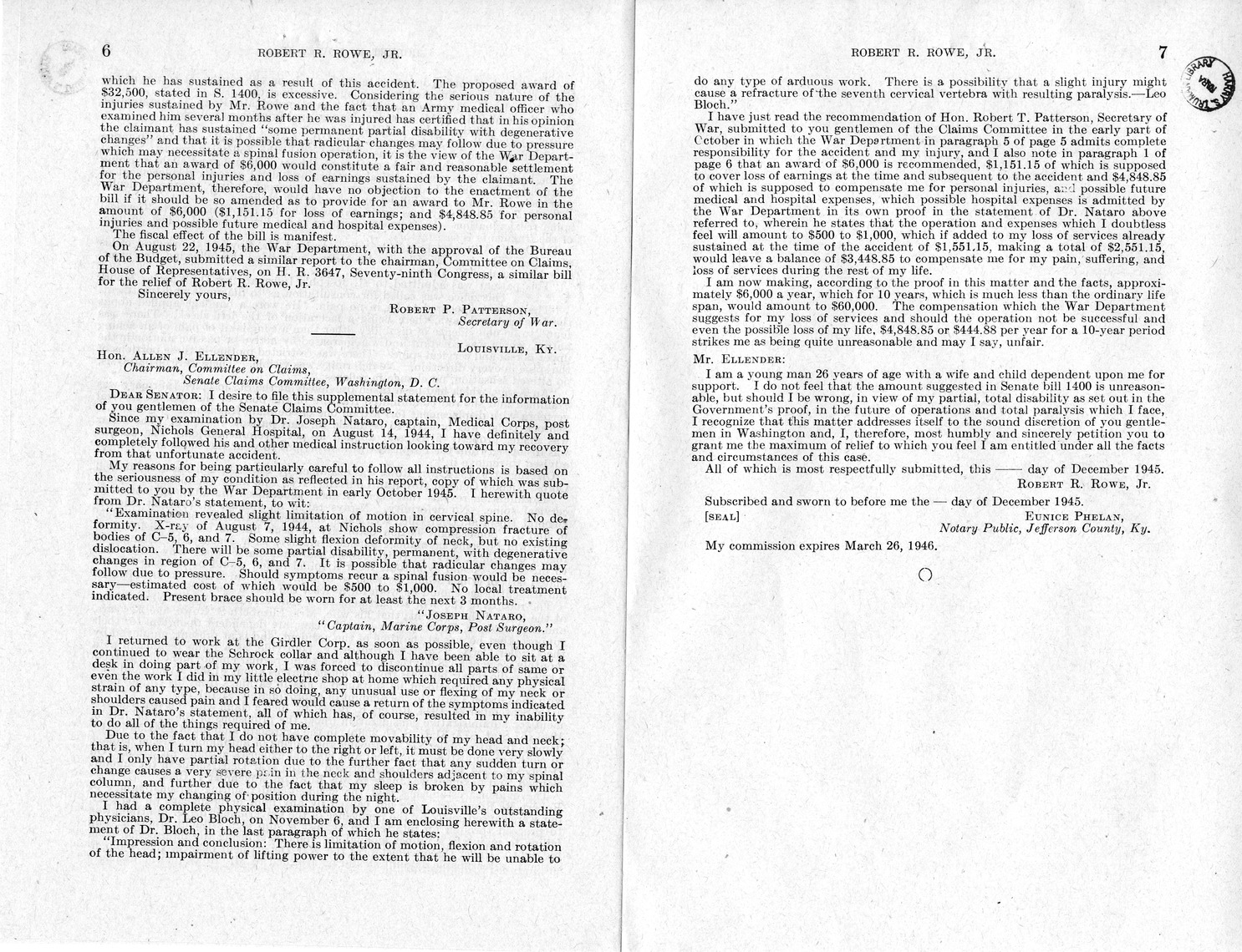 Memorandum from Frederick J. Bailey to M. C. Latta, S. 1400, For the Relief of Robert R. Rowe, Junior, with Attachments