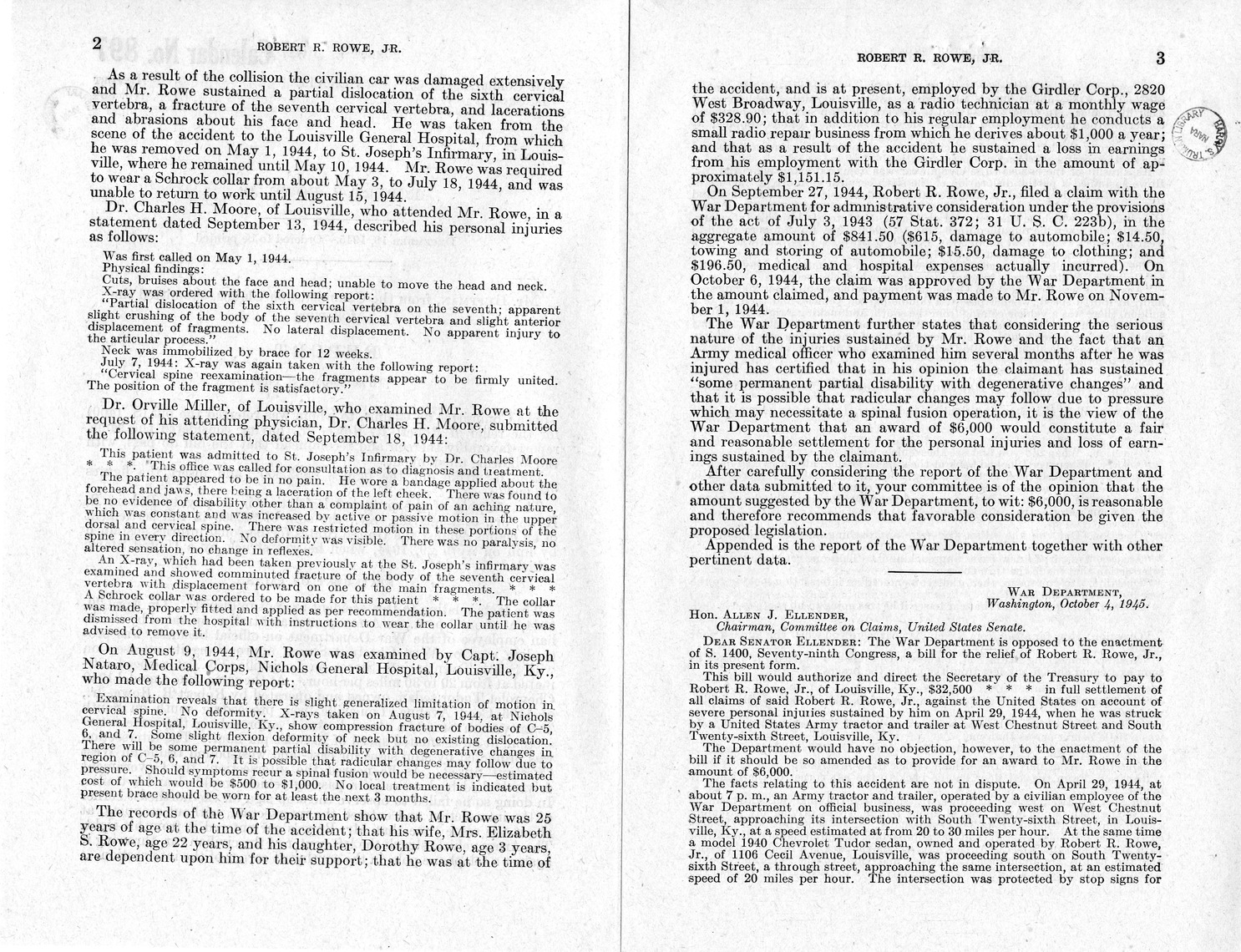 Memorandum from Frederick J. Bailey to M. C. Latta, S. 1400, For the Relief of Robert R. Rowe, Junior, with Attachments