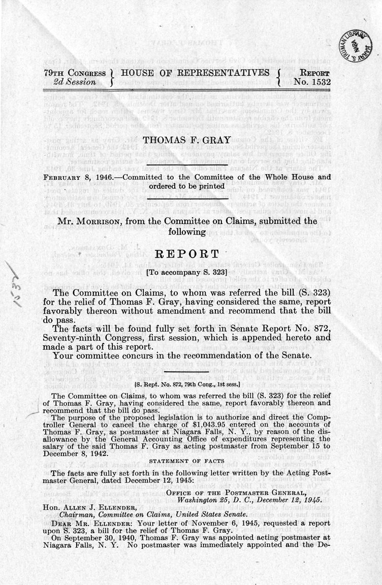 Memorandum from Frederick J. Bailey to M. C. Latta, S. 323, For the Relief of Thomas F. Gray, with Attachments