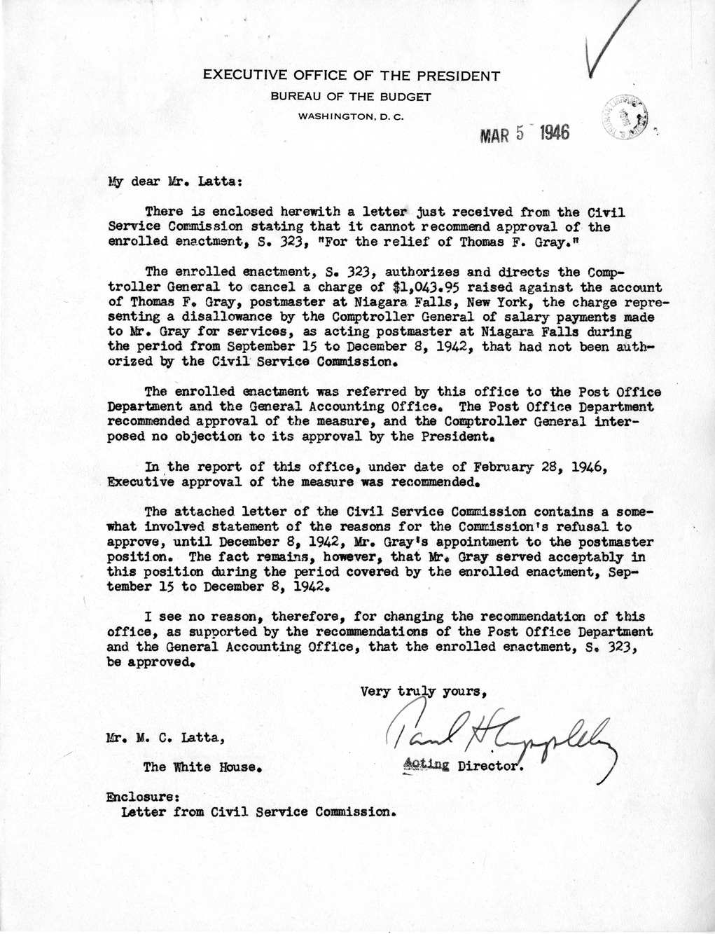 Memorandum from Frederick J. Bailey to M. C. Latta, S. 323, For the Relief of Thomas F. Gray, with Attachments