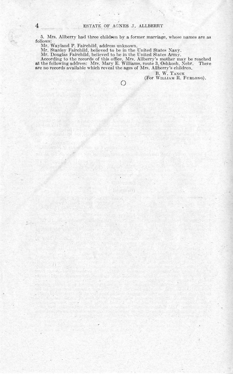 Memorandum from Harold D. Smith to M. C. Latta, S. 865, For the Relief of the Estate of Agnes J. Allberry, with Attachments