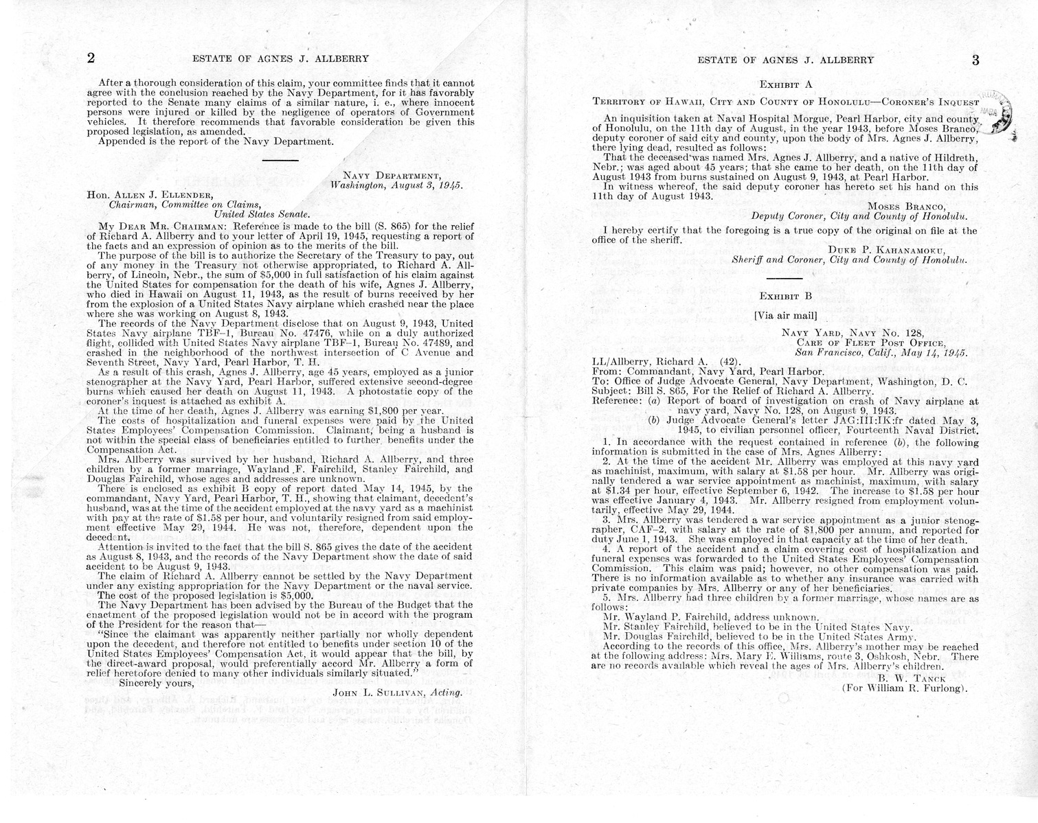 Memorandum from Harold D. Smith to M. C. Latta, S. 865, For the Relief of the Estate of Agnes J. Allberry, with Attachments