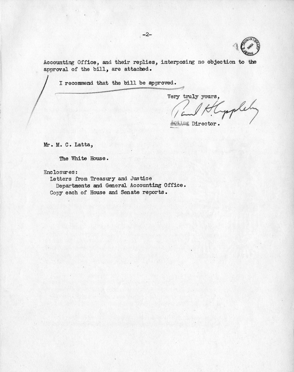 Memorandum from Paul H. Appleby to M. C. Latta, H. R. 129, To Provide for the Barring of Certain Claims by the United States in Connection With Government Checks and Warrants, with Attachments