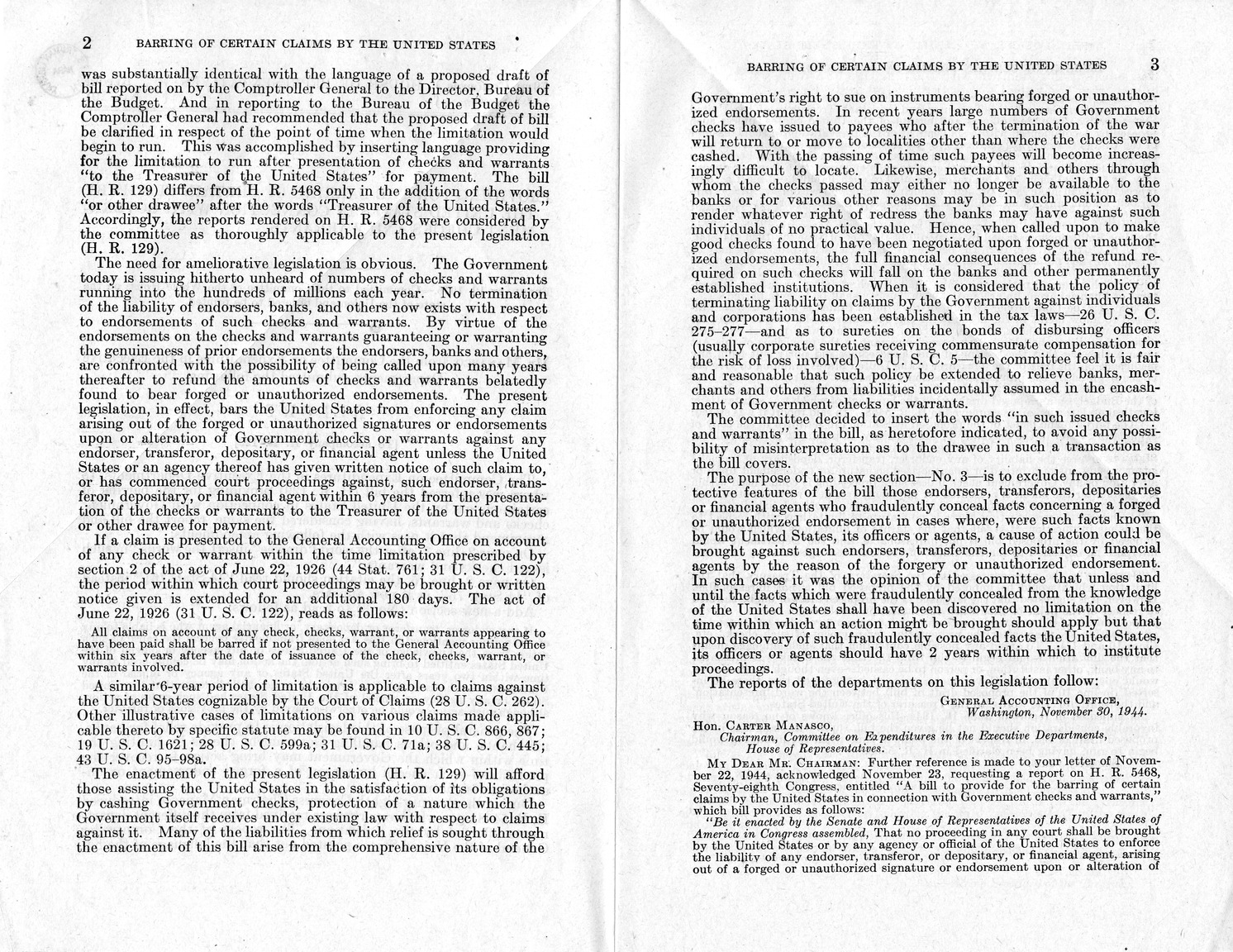 Memorandum from Paul H. Appleby to M. C. Latta, H. R. 129, To Provide for the Barring of Certain Claims by the United States in Connection With Government Checks and Warrants, with Attachments