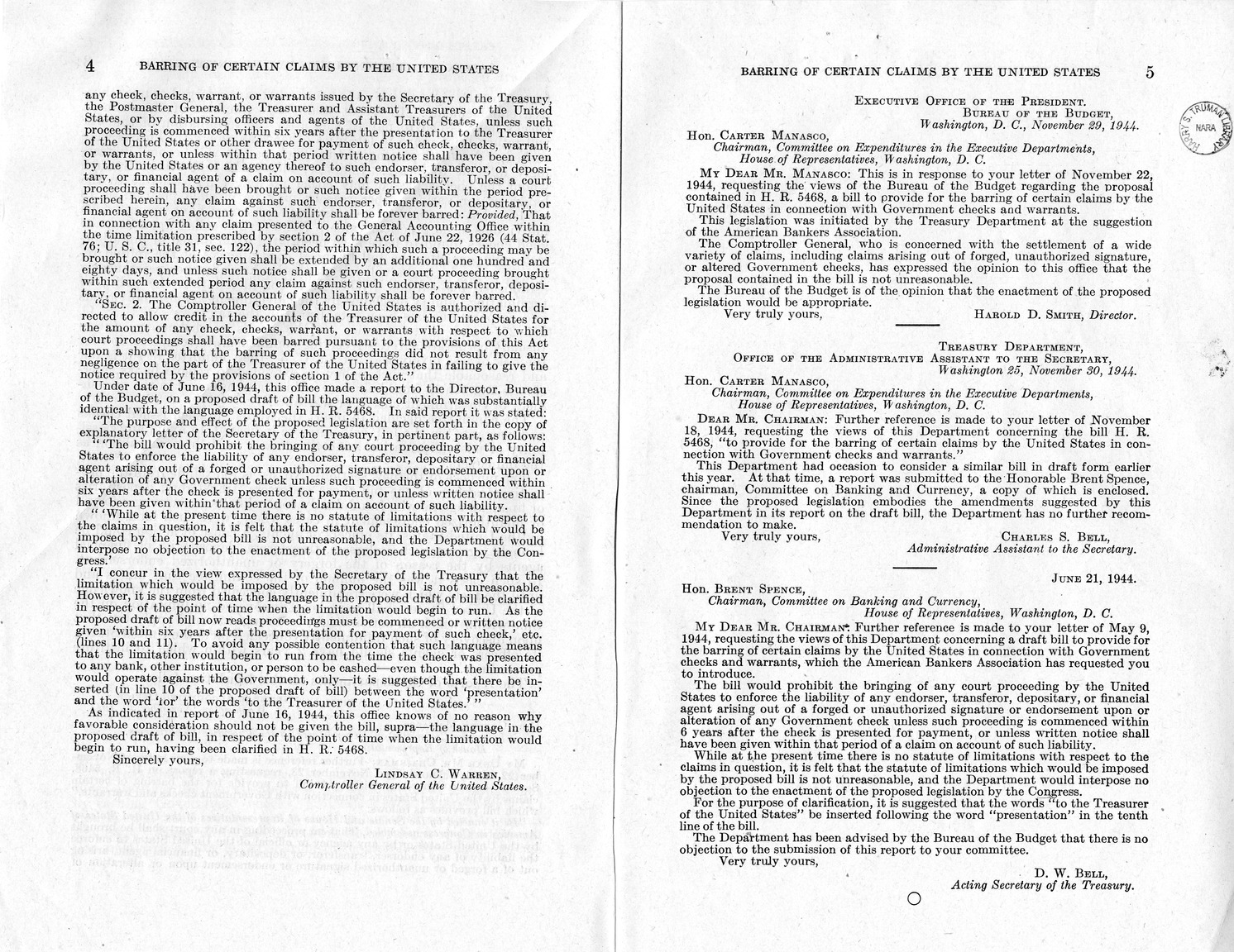 Memorandum from Paul H. Appleby to M. C. Latta, H. R. 129, To Provide for the Barring of Certain Claims by the United States in Connection With Government Checks and Warrants, with Attachments